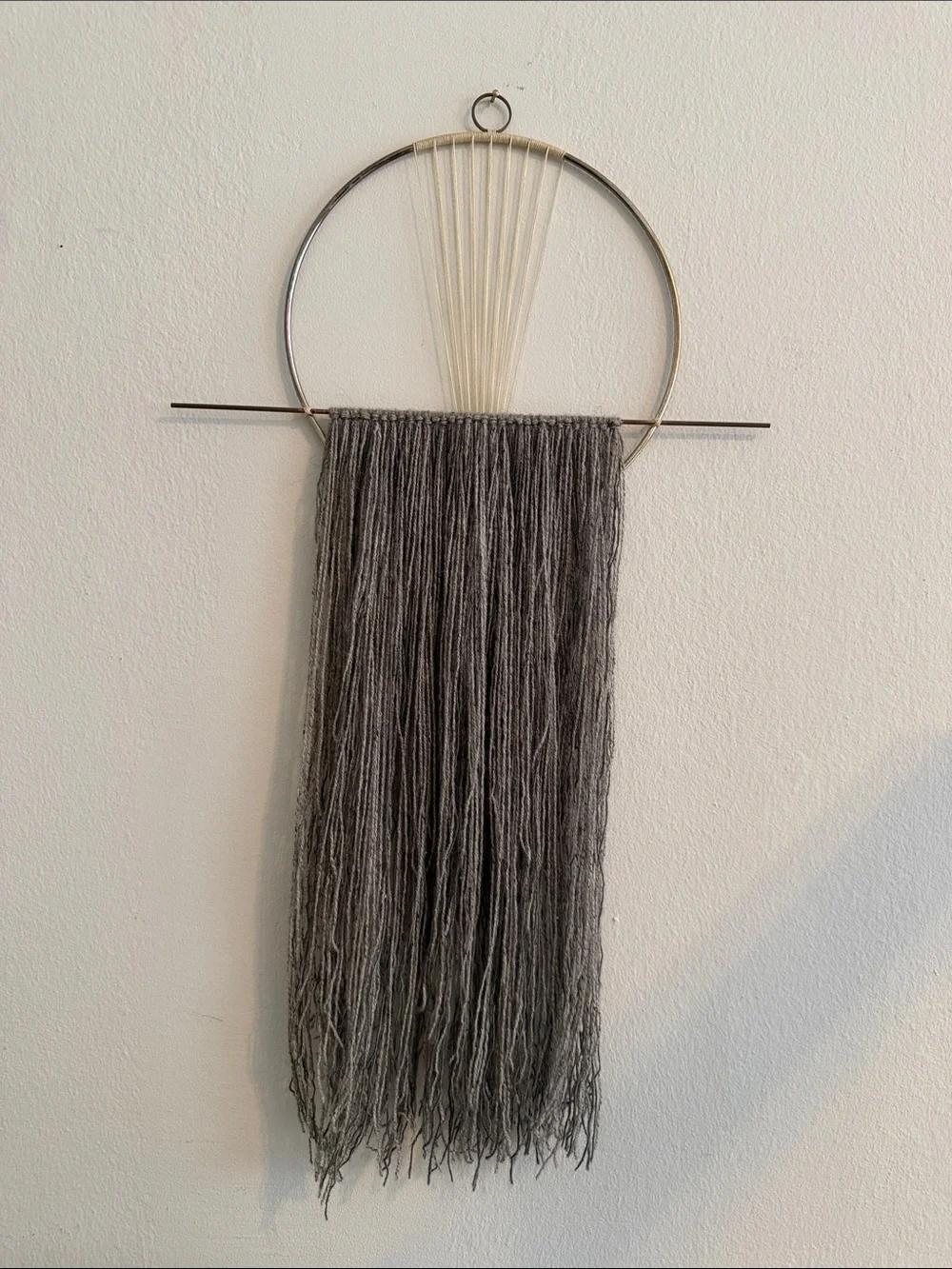 Modern Metal Hoop Wall Hanging Art Piece with Charcoal Fringe
